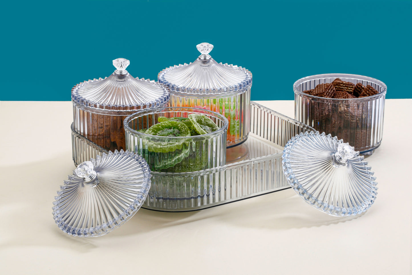 CEVENZA 4-Piece Crystal Cut Jar Set with Tray