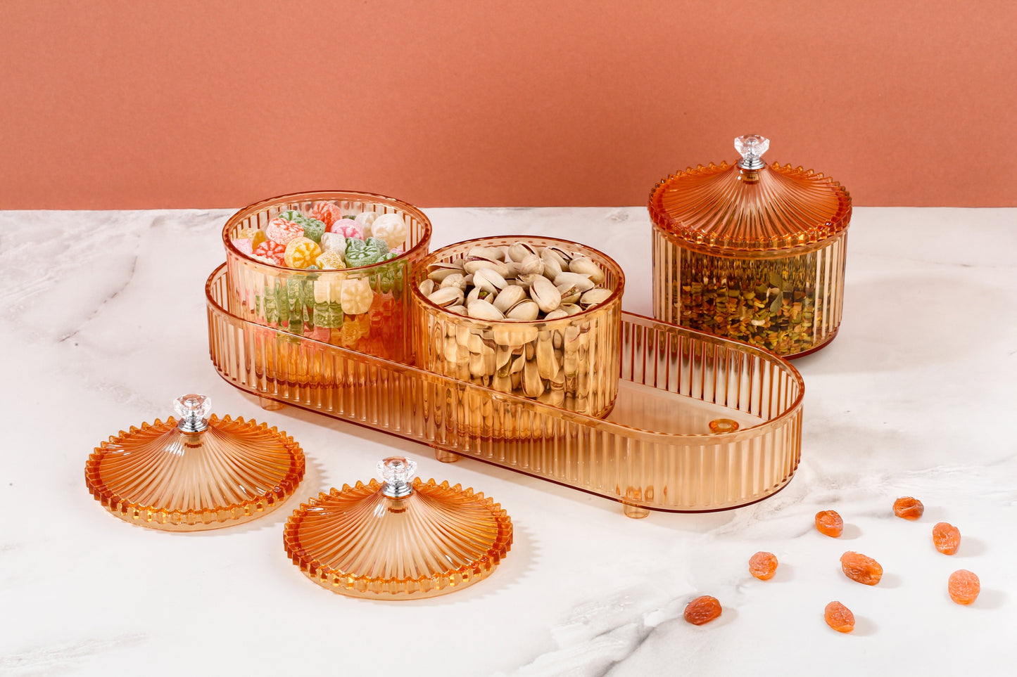 CEVENZA 3-Piece Dry Fruit Storage Jar Set with Tray & Diamond Lid