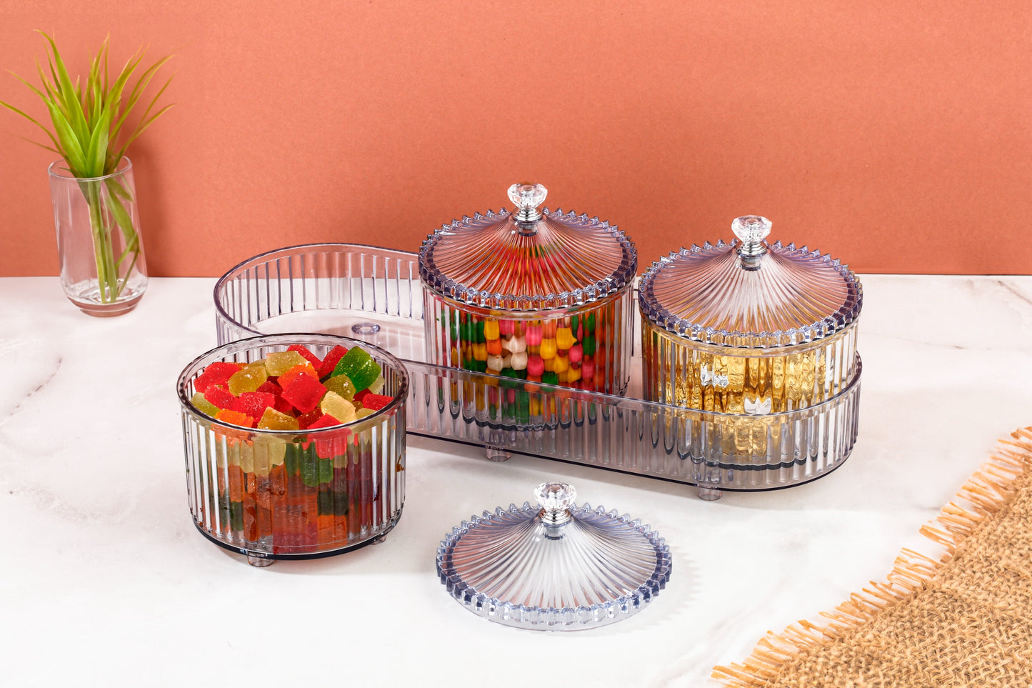 CEVENZA 3-Piece Dry Fruit Storage Jar Set with Tray & Diamond Lid