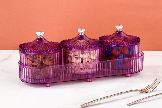 CEVENZA 3-Piece Dry Fruit Storage Jar Set with Tray & Diamond Lid