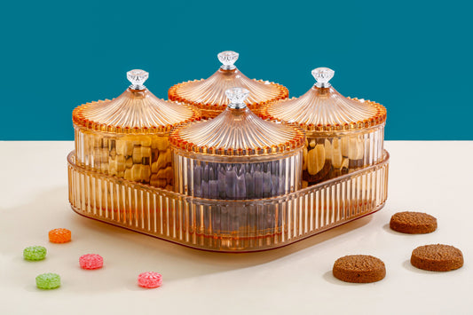 CEVENZA 4-Piece Crystal Cut Jar Set with Tray
